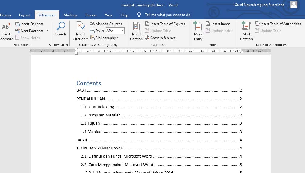 Membuat Daftar Isi Otomatis MS Word 2016
